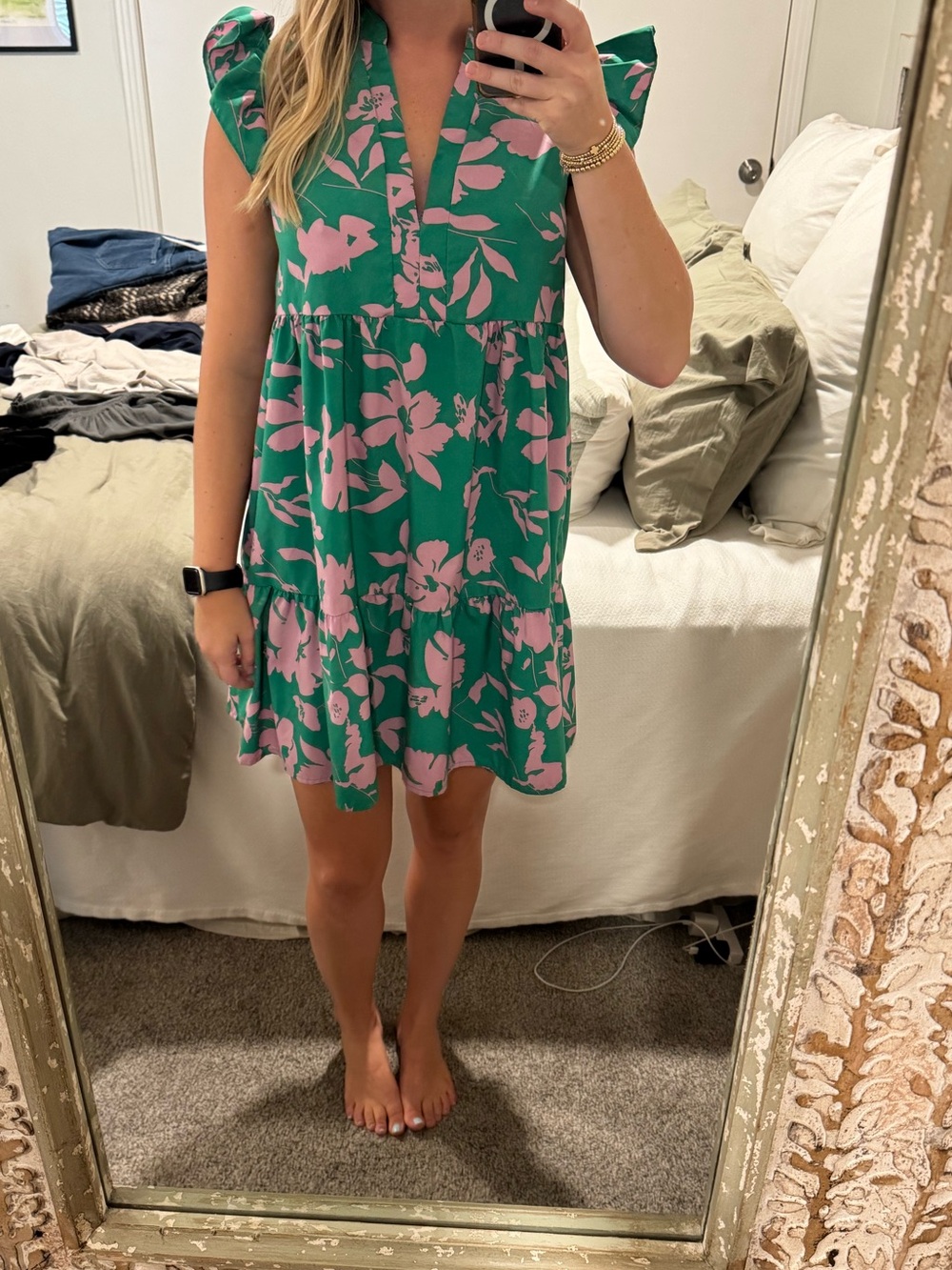 SHEIN Green Mini Dress with Pink Floral Print